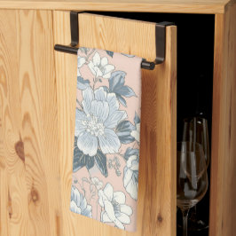 Paño De Cocina Peonías Azules Melocotón Botánico Floral Vintage