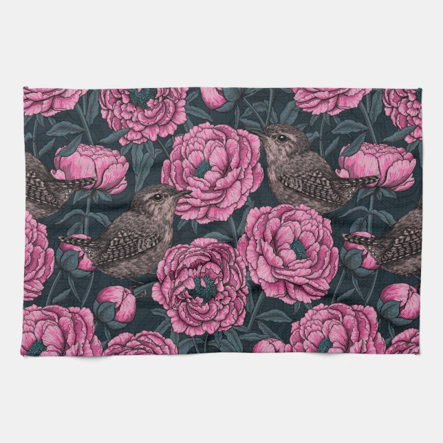 Paño De Cocina Peonies and wrens on dark gray (Horizontal)