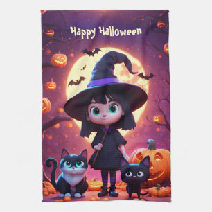 Paño De Cocina Pequeña bruja linda con gatos y calabazas, persona