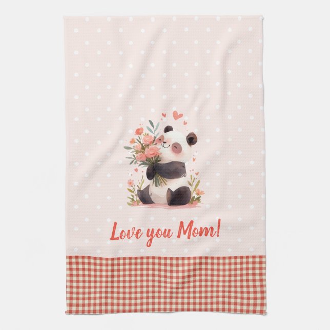 Paño De Cocina Pequeño Panda sosteniendo flores regalo de Día de  (Vertical)