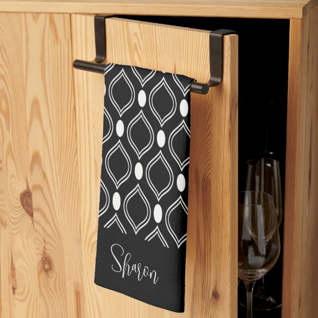 Paño De Cocina Perlas Art Deco Negras y Blancas Monogramadas (Pliegue de tercios)