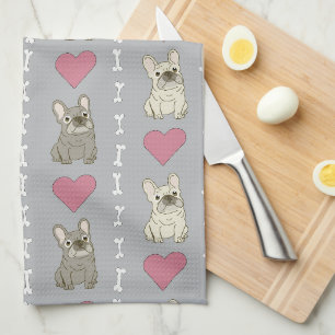 Paño De Cocina Perritos lindos, Frenchie, corazones y huesos