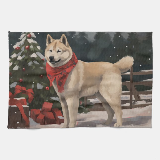 Paño De Cocina Perro Akita en Navidades de nieve (Horizontal)
