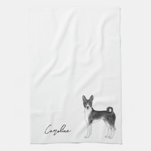 Paño De Cocina Perro Basenji Lindo en Negro y Blanco & Texto Pers