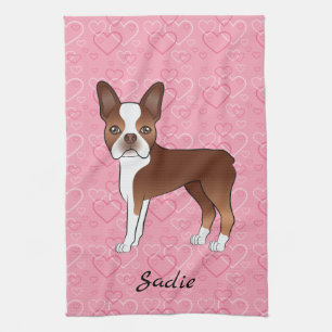 Paño De Cocina Perro Boston Terrier Rojo Sobre Corazones Rosas Y