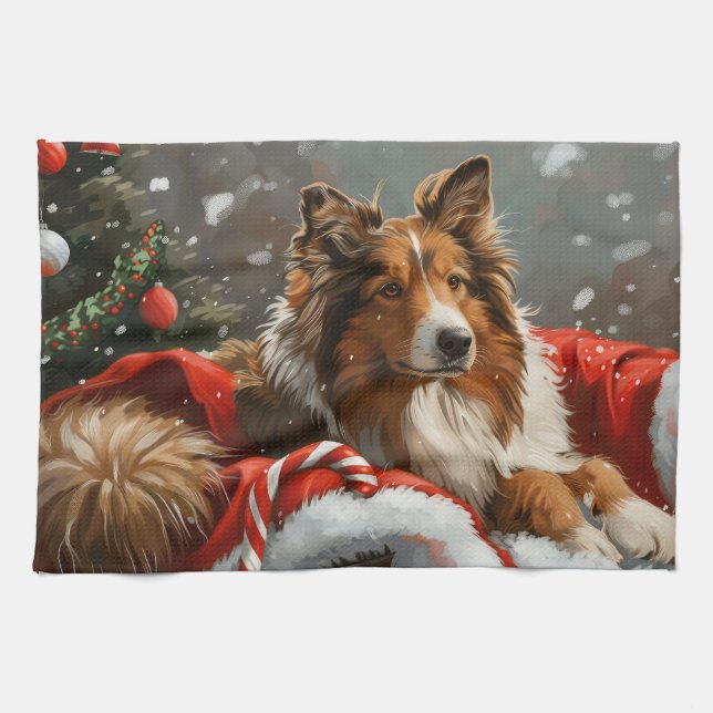 Paño De Cocina Perro Collie Áspero Navidad Festiva (Horizontal)