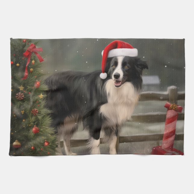 Paño De Cocina Perro collie fronterizo en Navidades de nieve (Horizontal)
