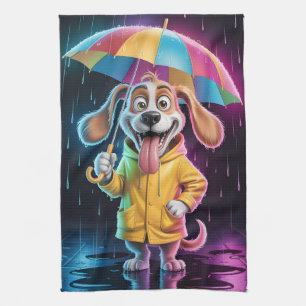 Paño De Cocina Perro con impermeable amarillo y paraguas de arcoí