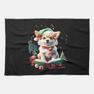 Paño De Cocina Perro con sombrero de Navidad con libros - Un rega