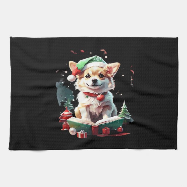 Paño De Cocina Perro con sombrero de Navidad con libros - Un rega (Horizontal)