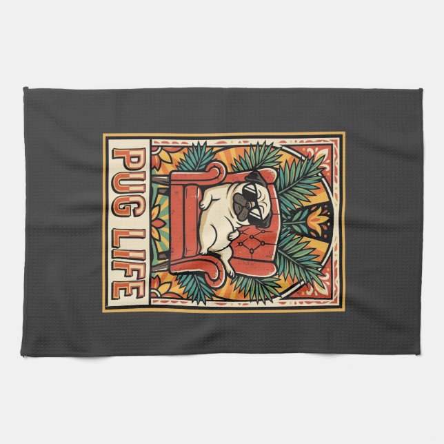 Paño De Cocina Perro de Arte Popular Retro Pug (Horizontal)