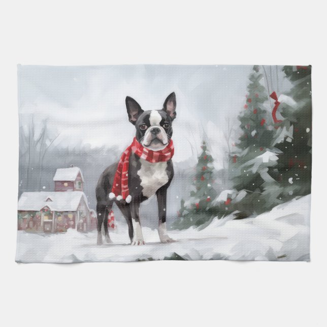 Paño De Cocina Perro de Boston Terrier en Navidades de Nieve (Horizontal)