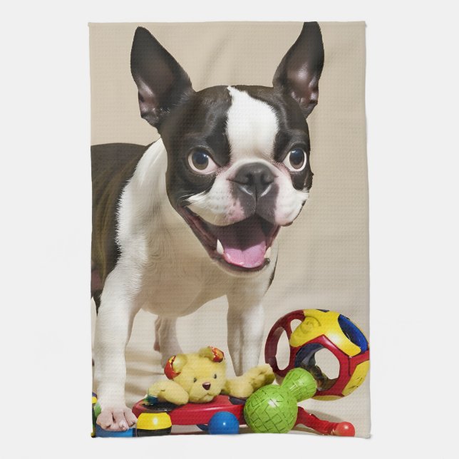 Paño De Cocina Perro de Boston Terrier jugando con juguetes (Vertical)