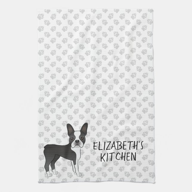 Paño De Cocina Perro De Dibujos Animados Boston Terrier Blanco Y  (Vertical)
