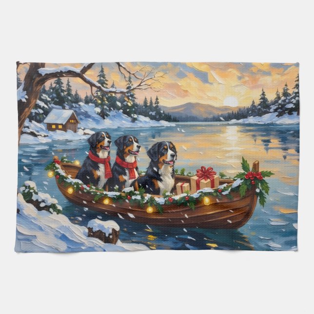Paño De Cocina Perro de montaña bernés Navidad Barco Fiesta (Horizontal)