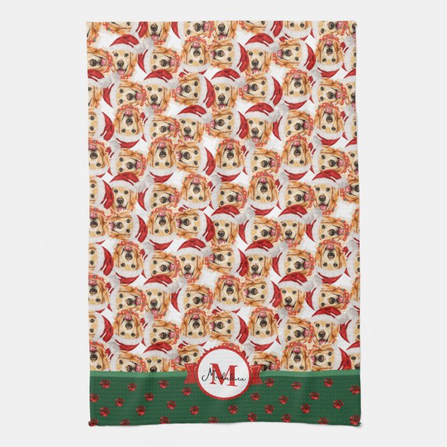 Paño De Cocina Perro de Navidad con Monograma de Crema Inglesa Do (Vertical)