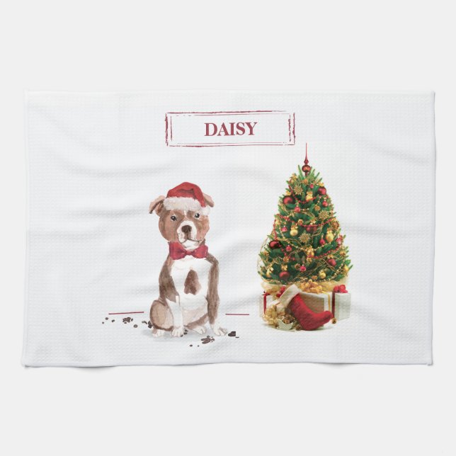 Paño De Cocina Perro de Navidades divertidos de Staffordshire Bul (Horizontal)