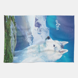Paño De Cocina Perro Husky personalizado con montañas