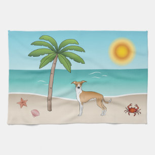 Paño De Cocina Perro Iggy Marrón Claro Y Blanco En Una Playa Trop