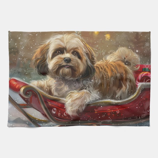 Paño De Cocina Perro Lhasa Apso Festividad de Navidad (Horizontal)