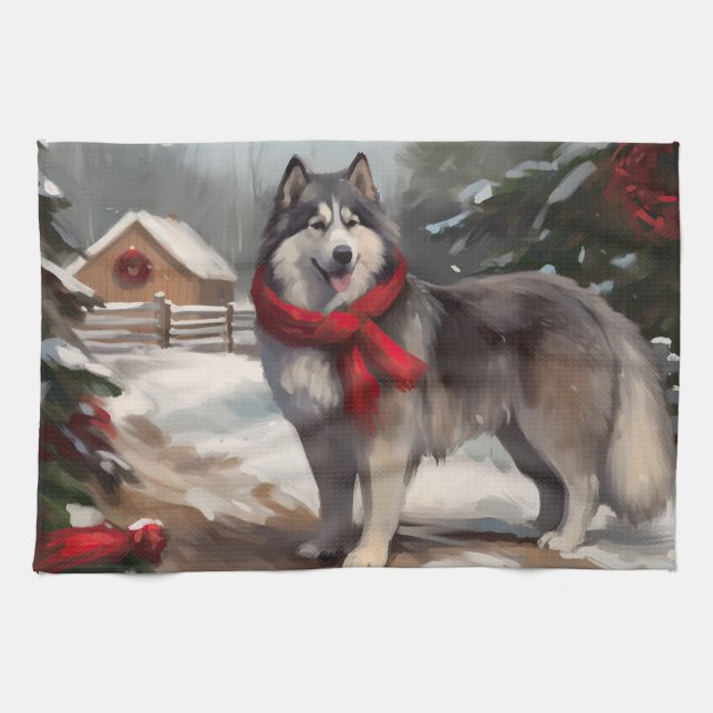 Paño De Cocina Perro malamute de Alaska en Navidades de nieve (Horizontal)