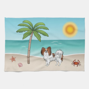 Paño De Cocina Perro Papillon de color rojo sabel en una playa tr