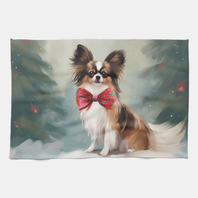 Paño De Cocina Perro Papillon en Navidades de nieve (Horizontal)