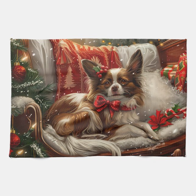 Paño De Cocina Perro Papillon Navidad Festiva (Horizontal)