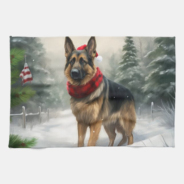 Paño De Cocina Perro pastor alemán en Navidad con nieve (Horizontal)
