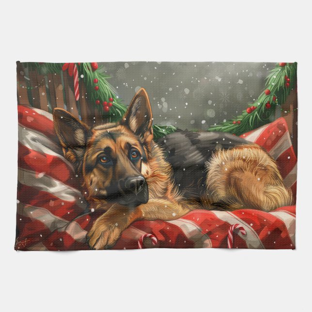 Paño De Cocina Perro Pastor Alemán Festivo de Navidad (Horizontal)