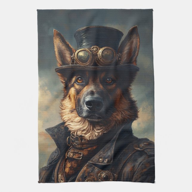 Paño De Cocina Perro pastor alemán steampunk con sombrero de copa (Vertical)
