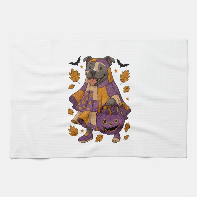 Paño De Cocina Perro Pitpull Fantasma Halloween (Horizontal)