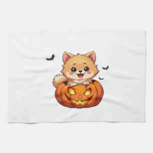 Paño De Cocina Perro Pomerania Feliz Halloween calabaza Clásica T