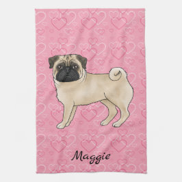 Paño De Cocina Perro Pug Cervato Hermoso Trapos Y Corazones Rosad