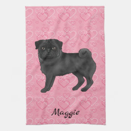 Paño De Cocina Perro Pug Negro Corazones Rosas y Fregonas Con Nom