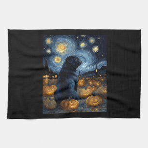 Paño De Cocina Perro Pug negro de la noche estrellada de van gogh