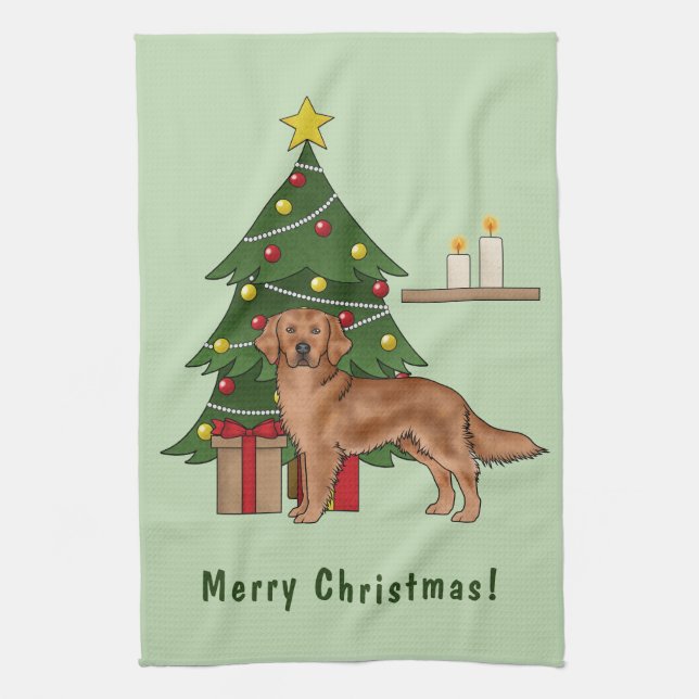 Paño De Cocina Perro Red Golden Retriever con árbol de Navidad (Vertical)