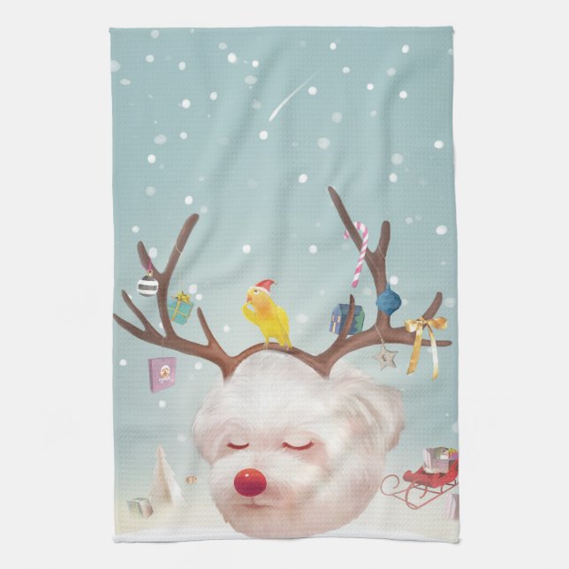 Paño De Cocina Perro reno con adornos navideños (Vertical)