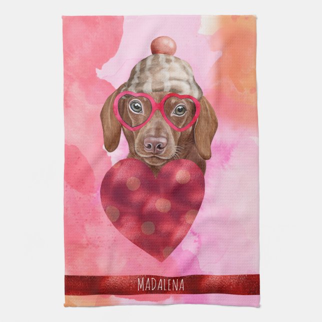 Paño De Cocina Perro Rosa Lover Valentine Gift Brown Dachshund (Vertical)