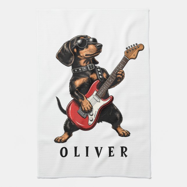 Paño De Cocina Perro salchicha Cool Rocker tocando guitarra eléct (Vertical)