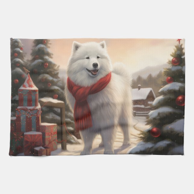 Paño De Cocina Perro samoyano en Navidades de nieve (Horizontal)