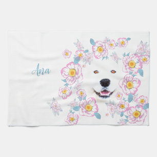 Paño De Cocina Perro Samoyed y flores rosadas, nombre personaliza