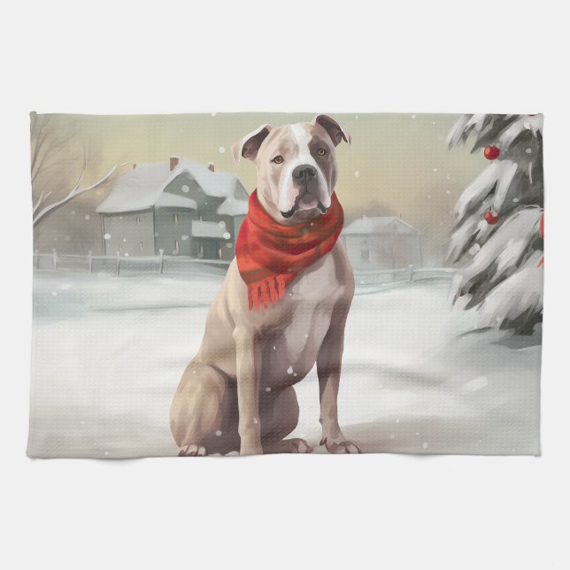 Paño De Cocina Perro Staffordshire en Estados Unidos en Navidades (Horizontal)
