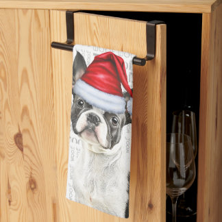 Paño De Cocina Perro terrorífico de Boston con Navidades de Santa