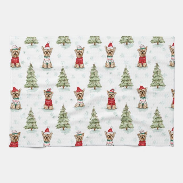 Paño De Cocina Perro Yorkies de Navidad (Horizontal)