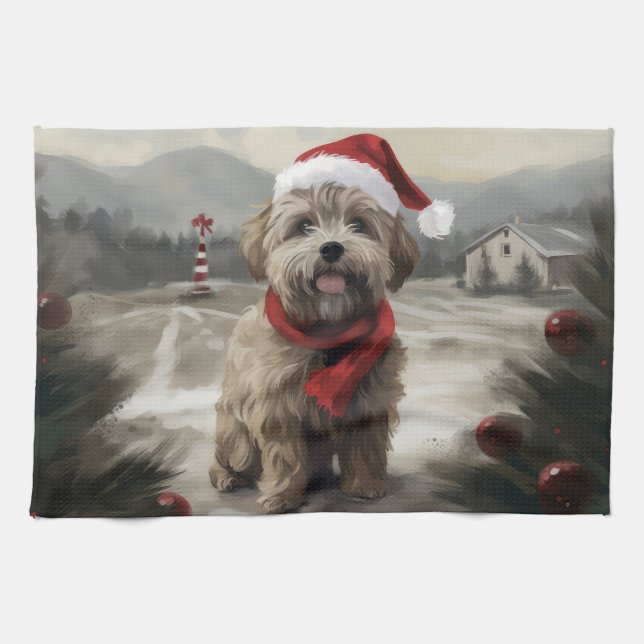 Paño De Cocina Perro Yorkipoo en Navidades de nieve (Horizontal)