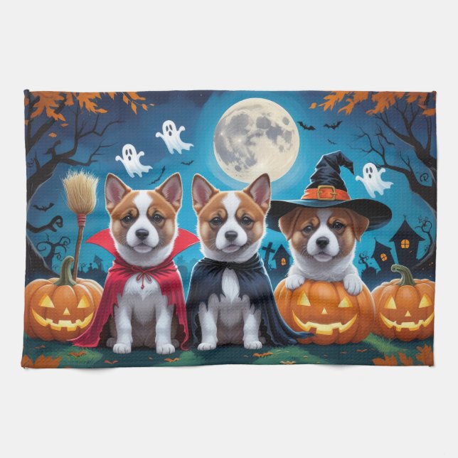 Paño De Cocina Perros Akita Calabaza Halloween Divertido (Horizontal)