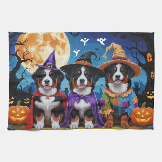 Paño De Cocina Perros de montaña berneses Calabaza Halloween Dive (Horizontal)