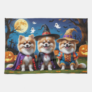 Paño De Cocina Perros de Pomerania Calabaza Halloween Gracioso