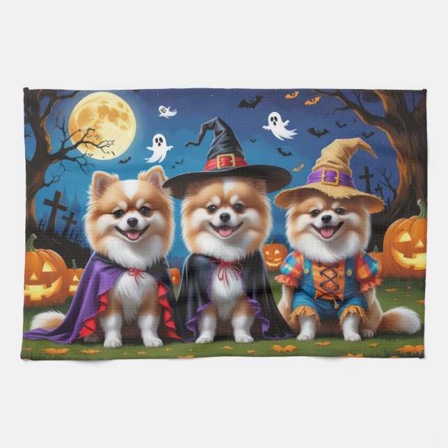 Paño De Cocina Perros de Pomerania Calabaza Halloween Gracioso (Horizontal)